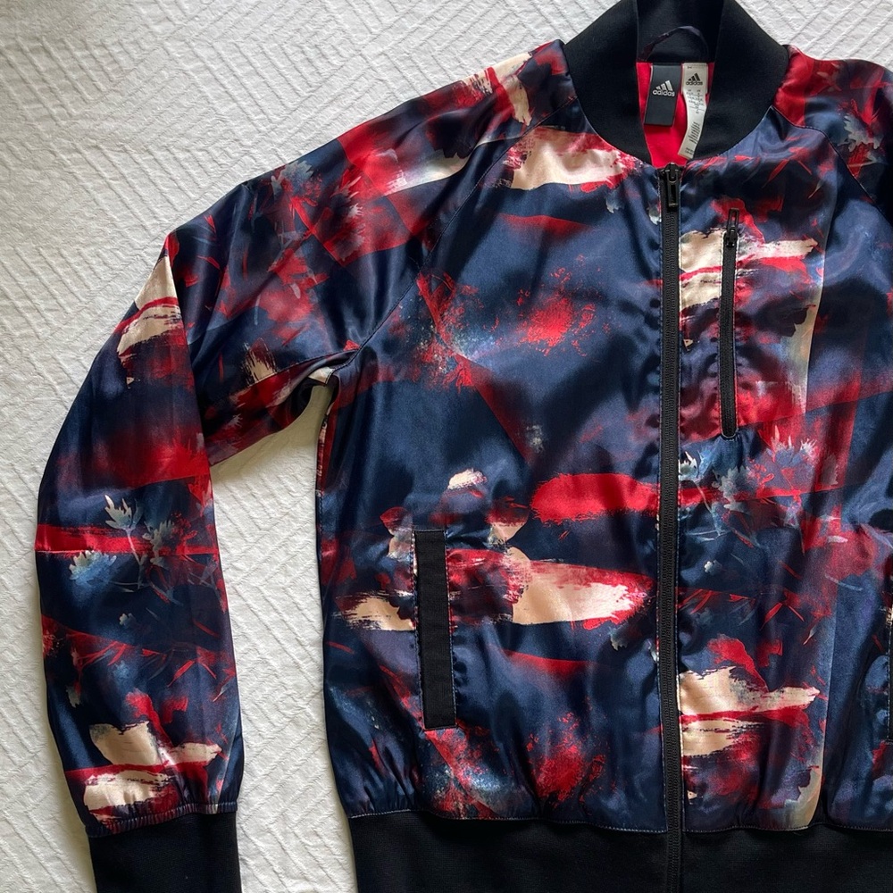 ADIDAS Women’s Bomber Colorful Jacket Small Full Zip Blue Red Camouflage - Picture 2 of 9